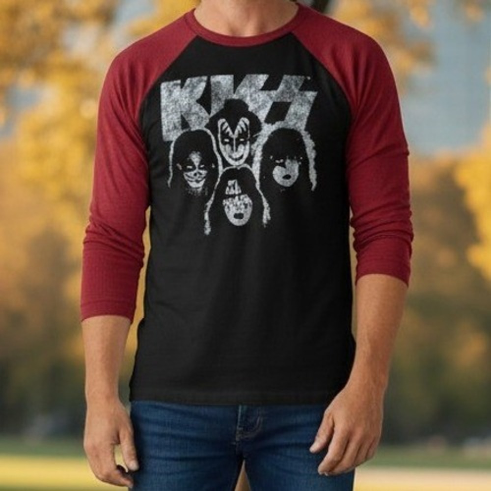 KISS Shirt Large Black Red EXCELLENT Graphic Thermal Raglan Long Sleeve Tee